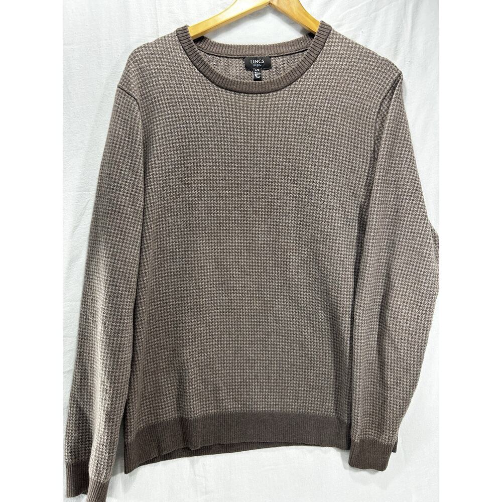 MENS LINCS CREWNECK SWEATER SIZE L COTTON POLYESTER Brown GEOMETRIC
